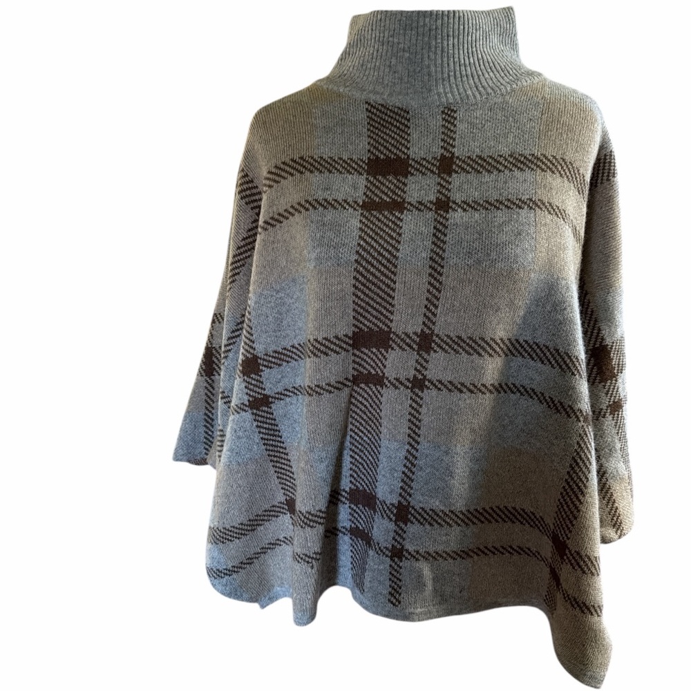 Note di Anita Plaid Poncho Sweater OS Merino/ Cashmere Blend Mock Neck Gray cozy